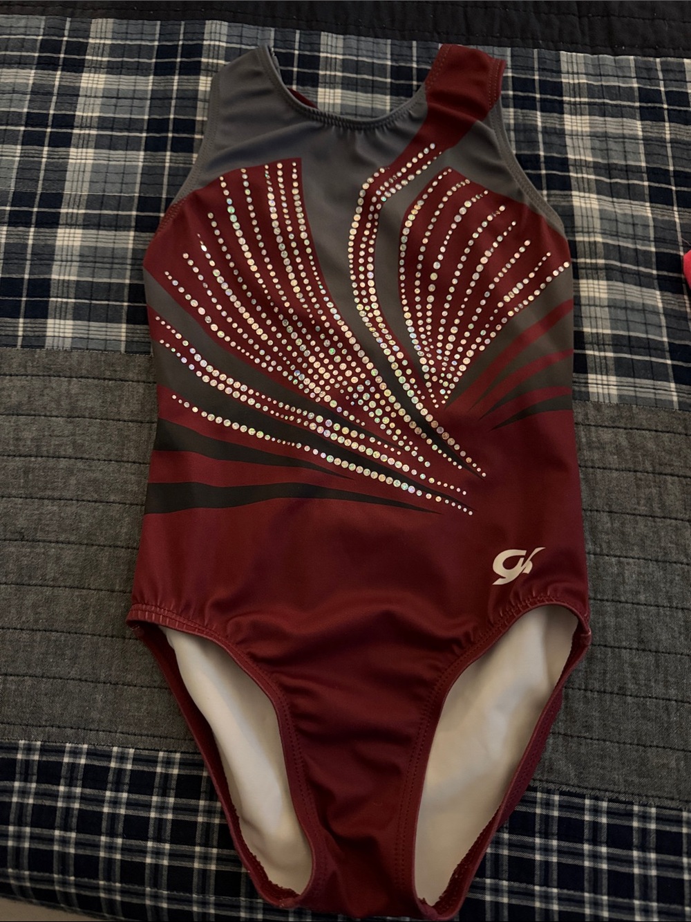 GK Maroon and Gray Rhinestone Gymnastics Leotard